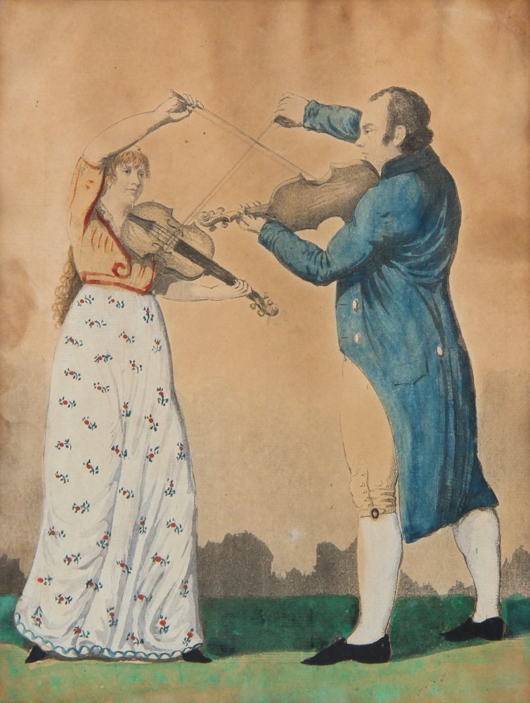 Antique Hand-colored Engraving of Musicians (1 of 2)