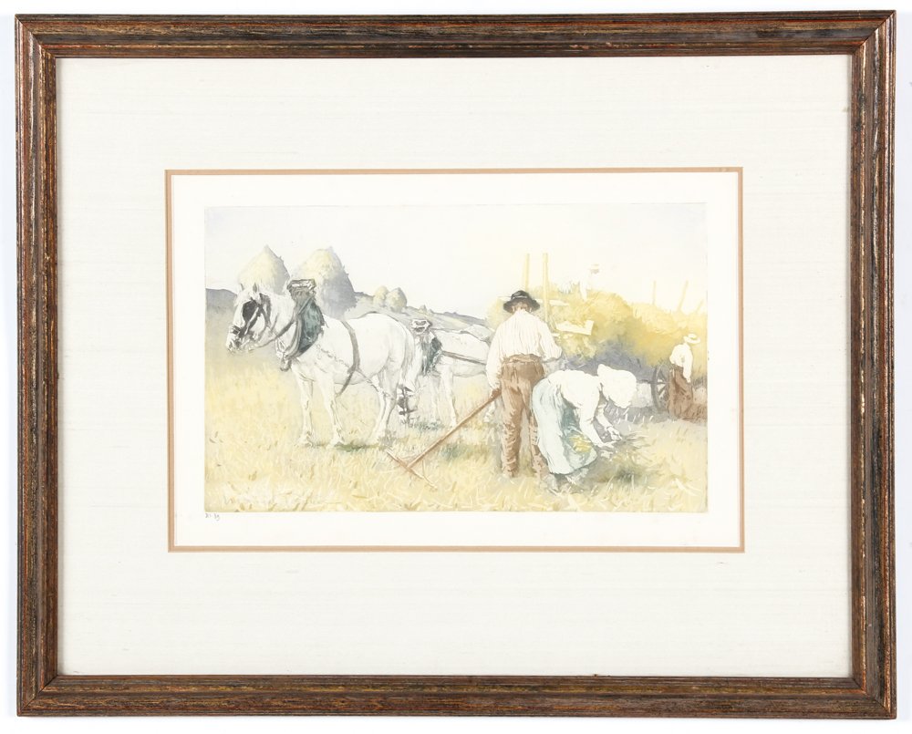 Manuel Robbe (French, 1872-1936) Les Foins (The: Manuel Robbe (French, 1872-1936) Les Foins (The Haystacks), color aquatint, inscribed "no 39" in lower margin, signature not found. Size: 11.5" x 17.5", 29 x 44 cm (sight); 21.5" x 27", 55 x 69 cm (fr
