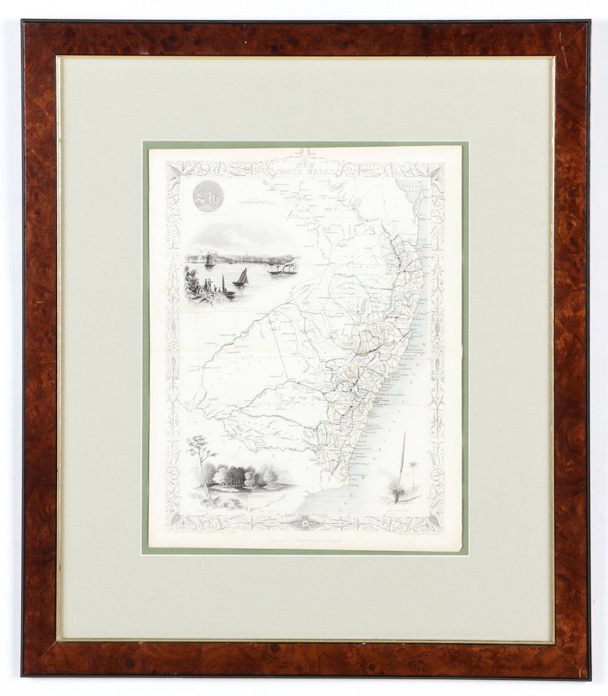 Map of New South Wales by John Talis and Company: Map of New South Wales by John Talis and Company (London and New York), hand colored engraving. Size: 14.25" x 11", 36 x 28 cm (sheet); 23" x 20", 58 x 51 cm (frame). Sale of this lot will benefit Art