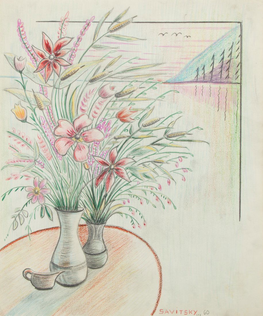 Jack Savitsky (American 1910-1991) Still Life with: Jack Savitsky (American 1910-1991) Still Life with Flowers, 1960, color pencil and graphite drawing on paper. Size: 17" x 14" (sheet).
