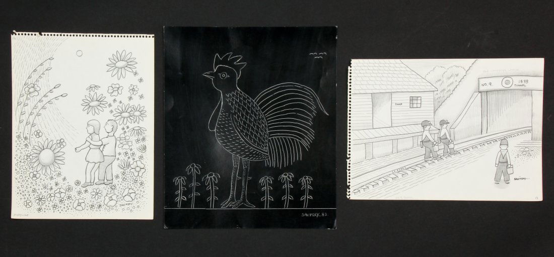 Jack Savitsky (American 1910-1991) Three Works: Jack Savitsky (American 1910-1991) Three Works including two pencil and ink drawings and one scratchboard. Largest measures: 11" x 13".