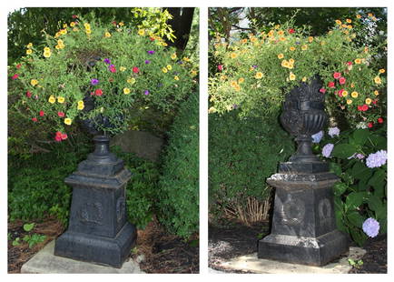 Cast Iron Campana Urns on Pedestal Base: Cast Iron Campana Urns on Pedestal Base. Item sold in situ. Bases attached to concrete plinth. Pick up must be coordinated and arranged after the sale.Size: 42" x 18" x 18" (each).