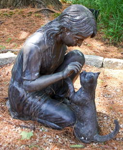 Leonardo Rossi Bronze Garden Figural Sculpture: Bronze Garden Figural Group of a young lass with kitten. Signed Rossi. Size: 26" x 17" x 27".