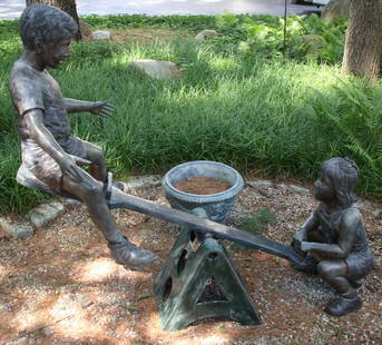 After Leonardo Rossi Garden Figural Group of Children: Bronze Garden Figural Group of Children on a Teeter. Size: 51" x 28" x 59".