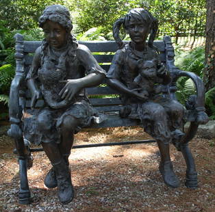 After Leonardo Rossi Bronze Garden Figural Group: Bronze Garden Figural Group of children seated on a bench. Size: 37" x 38" x 26".