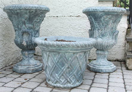 Garniture of 3 Verdigris Finish Concrete Garden Urns: Garniture of 3 Verdigris Finish Concrete Garden Urns. Size: 31.5" x 22" x 22" (largest).