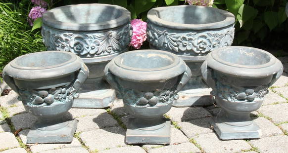 Lot of 5 Verdigris Finish Concrete Garden Urns: Lot of 5 Verdigris Finish Concrete Garden Urns. Size: 10.5" x 11" x 10" (smallest); 13" x 12.5" x 12.5" (largest).