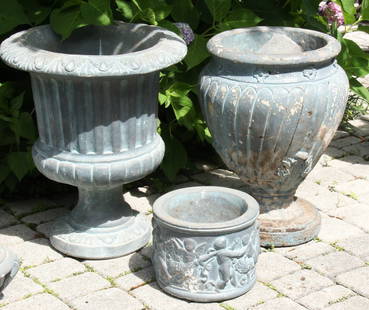 Lot of 3 Verdigris Finish Concrete Garden Urns: Lot of 3 Verdigris Finish Concrete Garden Urns. Size: 24" x 20.5" x 20.5" (largest).