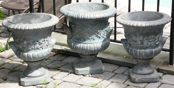 Lot of 3 Verdigris Finish Graduated Concrete Campana: Lot of 3 Verdigris Finish Graduated Concrete Campana Urns. A pair and one. Size: 20" x 17" x 17" (largest).