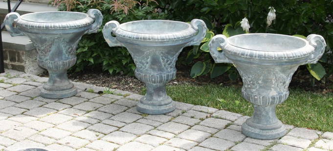 Lot of 3 Verdigris Finish Twin Handled Concrete Garden: Lot of 3 Verdigris Finish Twin Handled Concrete Garden Urns. Neo Classical stylings after the antiques. Size: 22" x 24" x 19" (each).