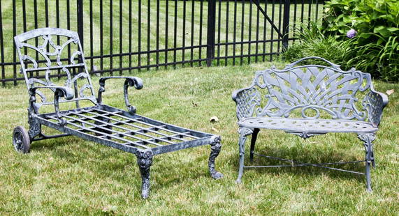 Suite of 2 Verdigris Aluminum Garden Seats: Suite of 2 Verdigris Aluminum Garden Seats. A chaise and a settee. Size: 36" x 29" x 67" (chaise); 30.5" x 38.5" x 22" (settee).