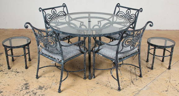 Contemporary Aluminum Garden Table Set: Contemporary Aluminum Garden Table Set. 7 piece set consisting of patio table, 4 armchairs and 2 side tables. Powdercoat verdigris finish on Celtic Knot motif. Size: 16.75" x 17" x 17", 42.5 x 43 x 43