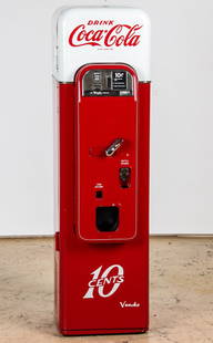 Vendo Model 44 10 Cent Coca Cola Vending Machine: Vendo Model 44 10 Cent Coca Cola Vending Machine. No key. Size: 58" x 16" x 21".