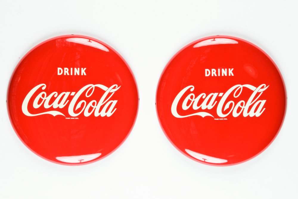 Two Vintage 16" Coca-Cola Metal Button Signs (1 of 2)