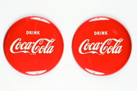 Two Vintage 16" Coca-Cola Metal Button Signs: Two Vintage 16" Coca-Cola Coke Metal Button Advertising Signs. New old stock.