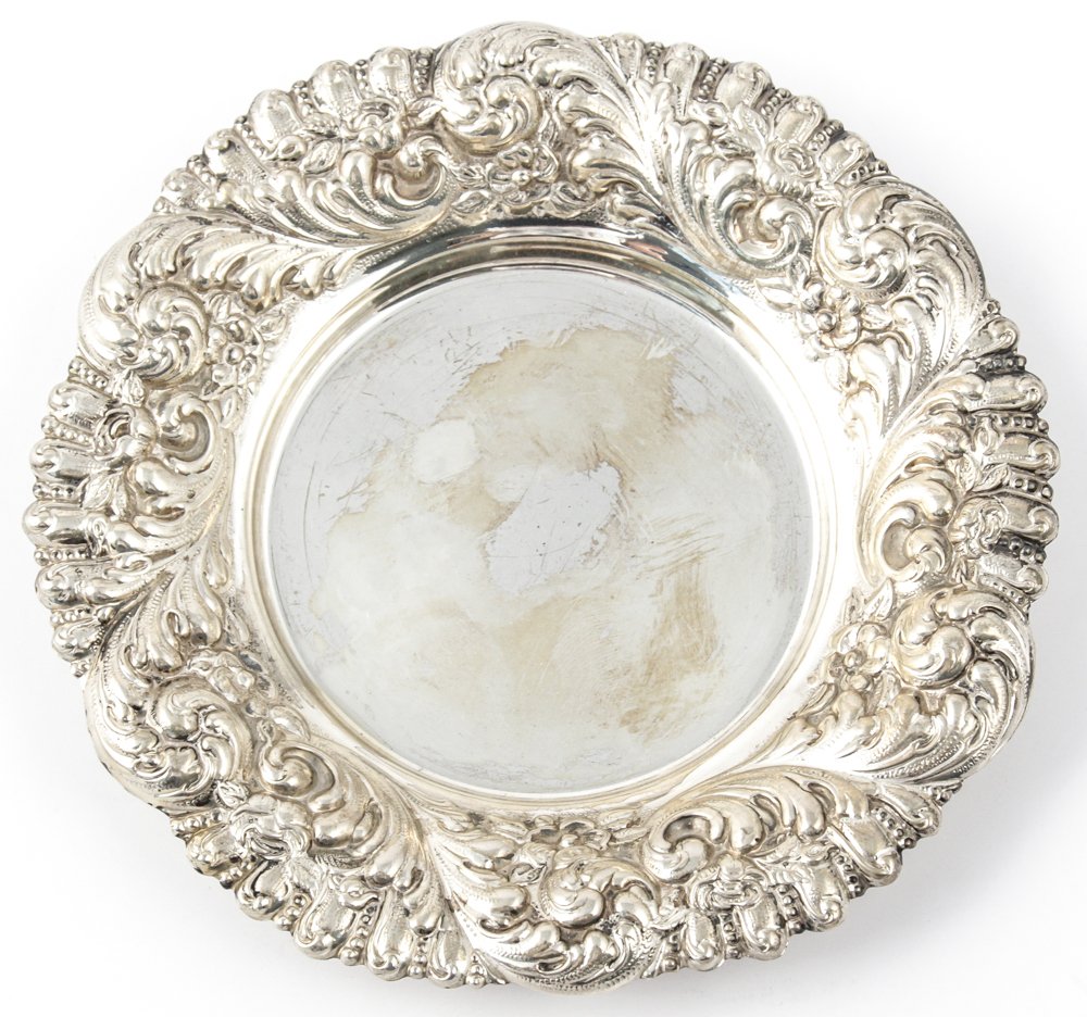 Hamilton & Diesinger Sterling Silver Repousse Wine: Hamilton & Diesinger Sterling Silver Repousse Wine Coaster. Size: 5.75"D. Weight: 2.5 ozt.