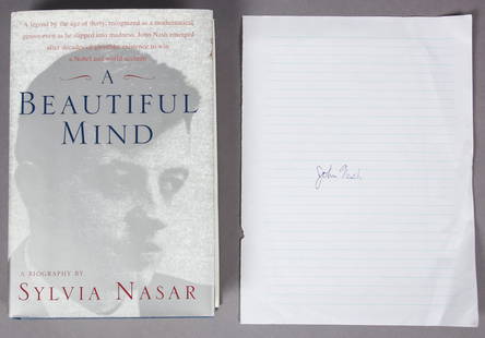 A Beautiful Mind signed by Author with John Nash: A Beautiful Mind by Sylvia Nasar, first edition, hardcover. The book is signed by the author, with a separate sheet signed by John Nash.