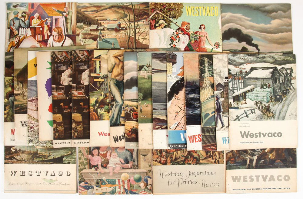 Lot of 24 Westvaco Inspirations for Printers Magazines: Lot of 24 Westvaco Inspirations for Printers Magazines. Late 1930's early 1940's brochures for the West Virginia Paper and Pulp Company featuring wartime artists such as Paul Sample, Ernest Fiene, Wil