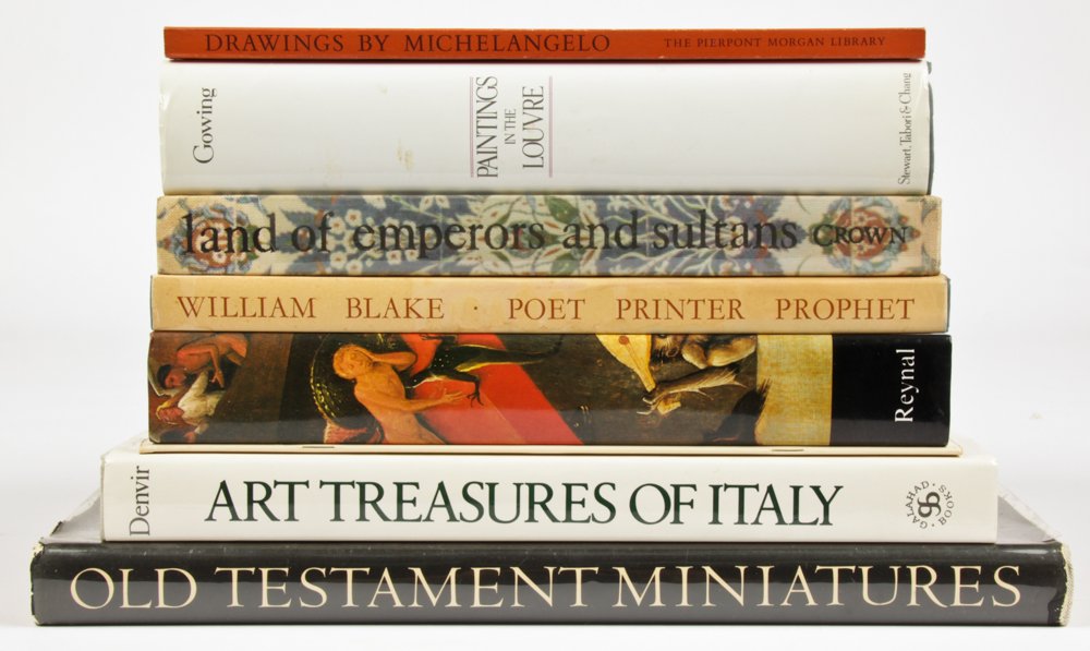 Group of 8 coffee table books: Group of 8 coffee table books: 1) Old Testament Miniatures; 2) Art Treasures of Italy, Denvir; 3) ? Reynal; 4) William Blake- Poet-Printer-Prophet; 5) Land of Emperors and Sultans, Crown; 6) Paintings