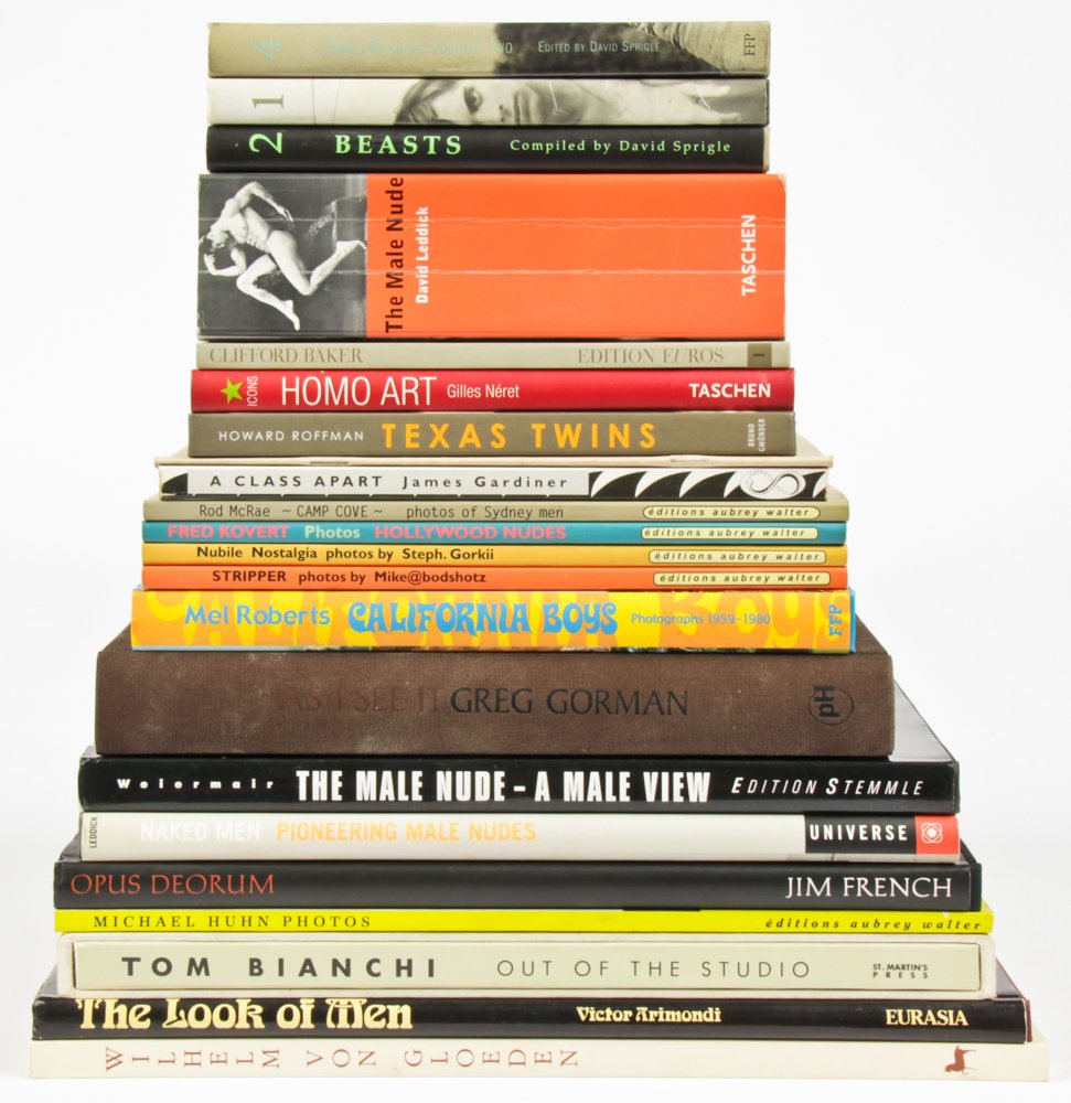 Group of 22 books: Group of 22 books: 1) Male Bonding: Volume two-Edited by David Sprigle; 2) Male Binding: Compiled by David Sprigle; 3) Beasts: Compiled by David Sprigle; 4) The Male Nude: David Leddick; 5) Clifford B