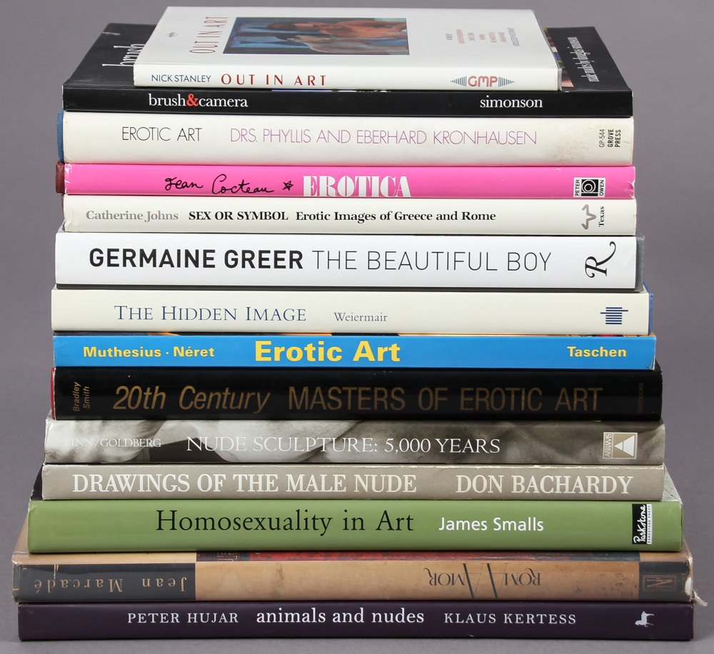Group of 14 books: Group of 14 books. 1) Out In Art-Nick Stanley2) Brush & Camera: The Photographic Image as Inspiration: Male Nudes By Douglas Simonson; 3) Erotic Art-Drs. Phyllis and Eberhard Kronhausen; 4) Erotica Dr