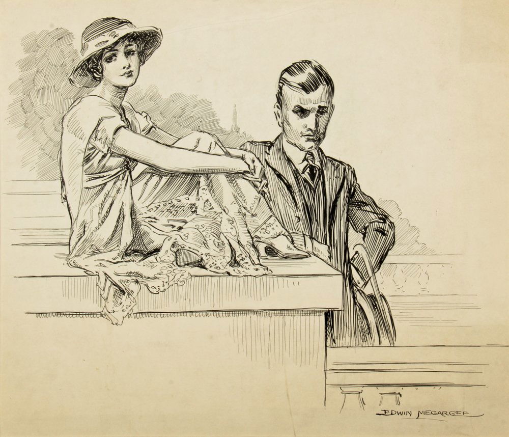 Edwin Megargee (American, 1883-1958): Edwin Megargee (American, 1883-1958) Young Couple, graphite and ink illustration on paper. Size: 13.5" x 15.75", 34 x 40 cm (sheet).