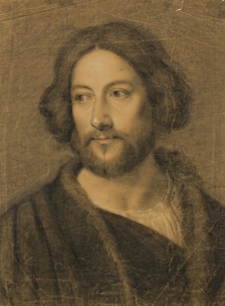 European School Academic Portrait: European School Academic Portrait of a Man, signed illegibly, charcoal on paper, creasing and tears to the sheet. Size: 20" x 15", 51 x 38 cm (sheet).