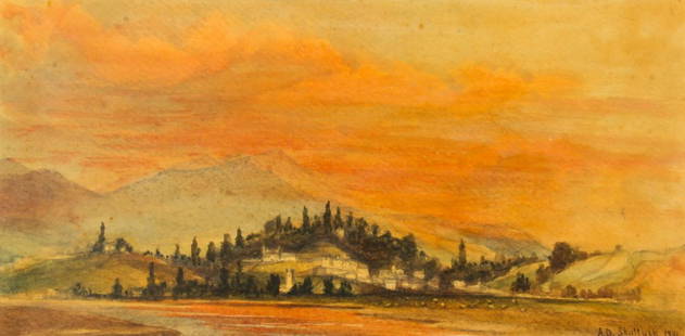 Manner of Aaron Draper Shattuck: Manner of Aaron Draper Shattuck (American, 1832-1928) New England Sunset, 1901, graphite and watercolor on paper. Size: 5.5" x 11", 14 x 28 cm (sheet).