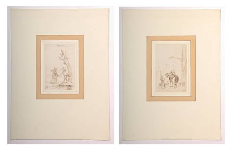 Paul-Albert Besnard (French, 1849-1934) Two Works: Paul-Albert Besnard (French, 1849-1934) Two Works: 1) Knight on Horseback, ink drawing on paper. Size: 6.25" x 4.25", 16 x 11 cm (sheet); 2) Sketch for Fables of La Fontaine, ink on paper. Size: 6" x