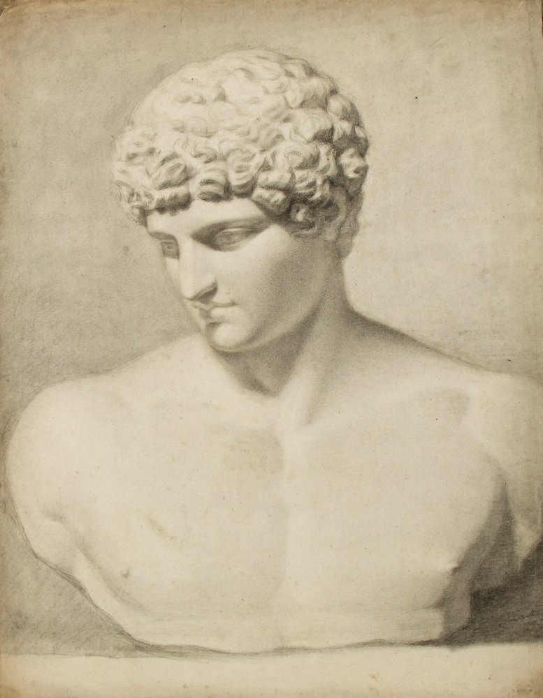 European School Academic Drawing: European School Academic Drawing of a Male Sculptural Bust, charcoal on paper, creasing to the sheet. Size: 26" x 20", 66 x 51 cm (sheet).