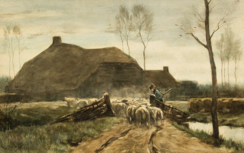 Willem Steelink II (Holland/Netherlands, 1856-1928): Willem Steelink II (Holland/Netherlands, 1856-1928) Herding Sheep, charcoal, watercolor and ink on paper, laid down on board. Size: 12.25" x 19.5", 31 x 50 cm (sight), 18" x 26", 46 x 66 cm (mat).