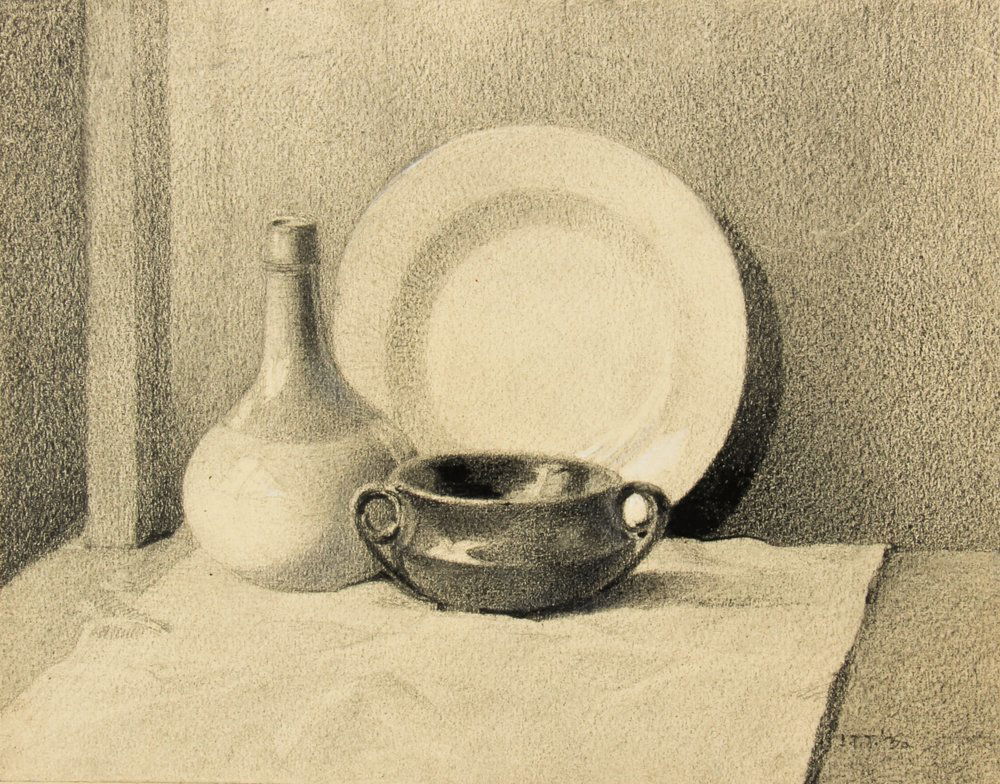 American School (20th c.) Still Life: American School (20th c.) Academic Still Life, 1930, signed "J.T.T.", charcoal on paper, mounted to board. Size: 7" x 8.75", 18 x 22 cm (sheet), 11" x 13.25", 28 x 34 cm (board).