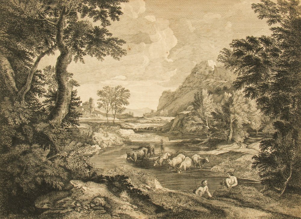 Attributed to Claude Lorrain (French, 1600-1682): Attributed to Claude Lorrain (French, 1600-1682) Pastoral European Landscape with Castle, woodcut, trimmed to image. Size: 11.25" x 15.25", 29 x 39 cm (sheet).