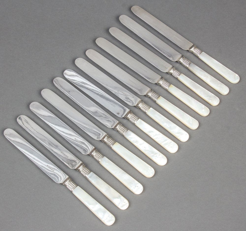 Antique Harrison Bros. and Howson Nacre Knife Set: Antique Harrison Bros. and Howson Nacre Knife Set. 12 knives in fitted case. Size: 8.75" x .75" (22 x 2 cm). Prov: Cape May, NJ Estate.