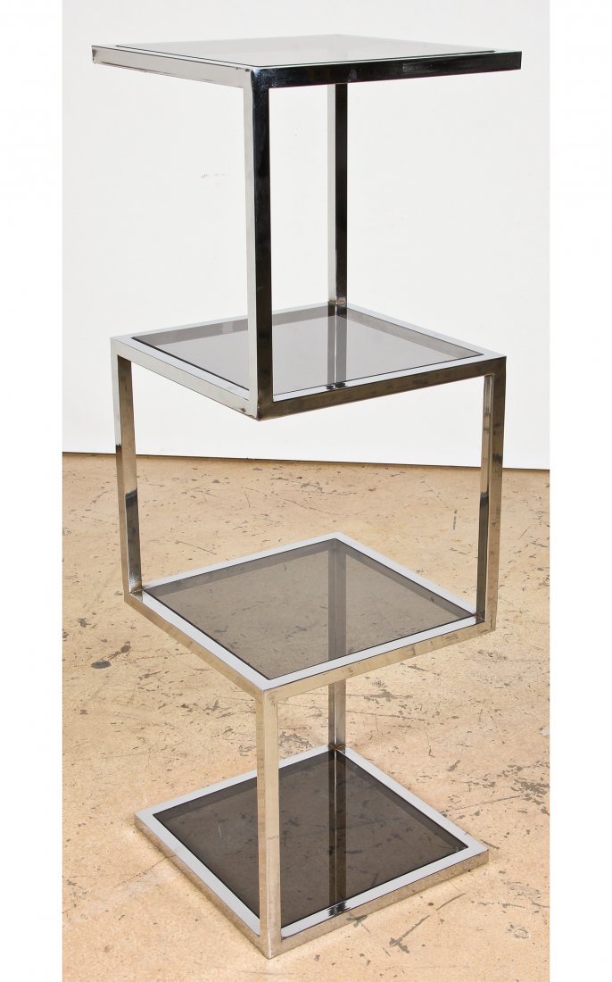 Vintage Milo Baughman Style Modern Chrome Etagere: Vintage Chrome Cantilevered Four Tiered Cubist Etagere, smoked glass shelves, unknown maker. Size: 54" x 18" x 18" (137 x 46 x 46 cm). Provenance: Lafayette Hill Estate.