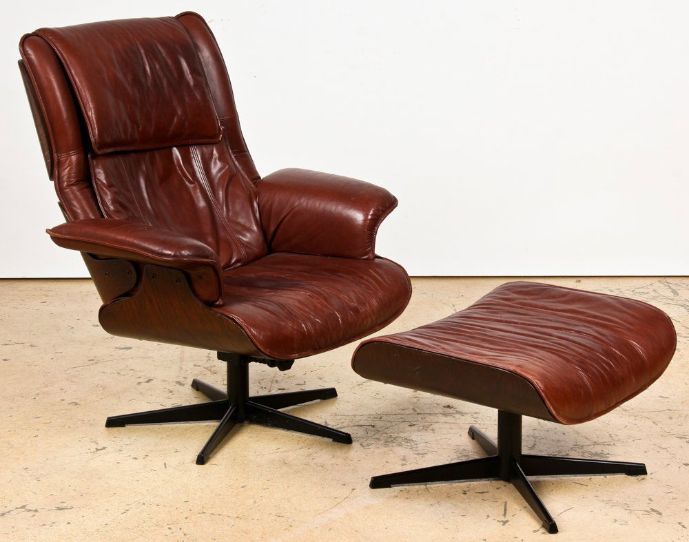 Eames Style Molded Plywood Lounger and Footrest: Eames Style Molded Plywood Lounger and Footrest. Possibly Plycraft. Size: 39" x 35.5" x 28", 99 x 90 x 71 cm (chair); 15.5" x 26.25" x 21", 39 x 67 x 53 cm (ottoman). From the collection of a Philadel