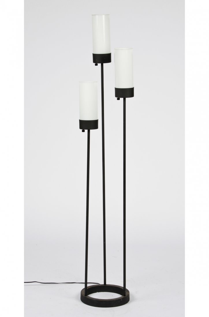 Modern Lightolier Style Floor Lamp: Modern Lightolier Style Floor Lamp. Painted metal upright arms on ring base. Opaque glass cylinder shades. Size: 62.5" x 11.5" x 11.5" (159 x 29 x 29 cm). Private estate collection.