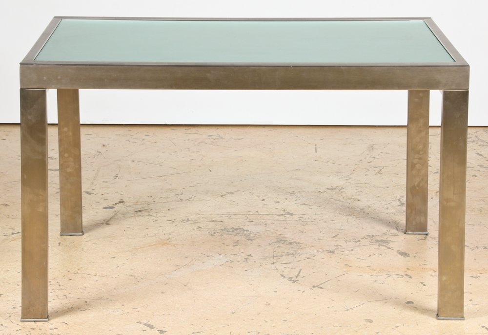Calligaris Style Modern Steel and Frosted Glass: Calligaris Style Modern Steel and Frosted Glass Refectory Table. Size: 29" x 48.5" x 35.5", 74 x 123 x 90 cm (closed); 29" x 97" x 35.5", 74 x 246 x 90 cm (extended). Private Philadelphia Estate.