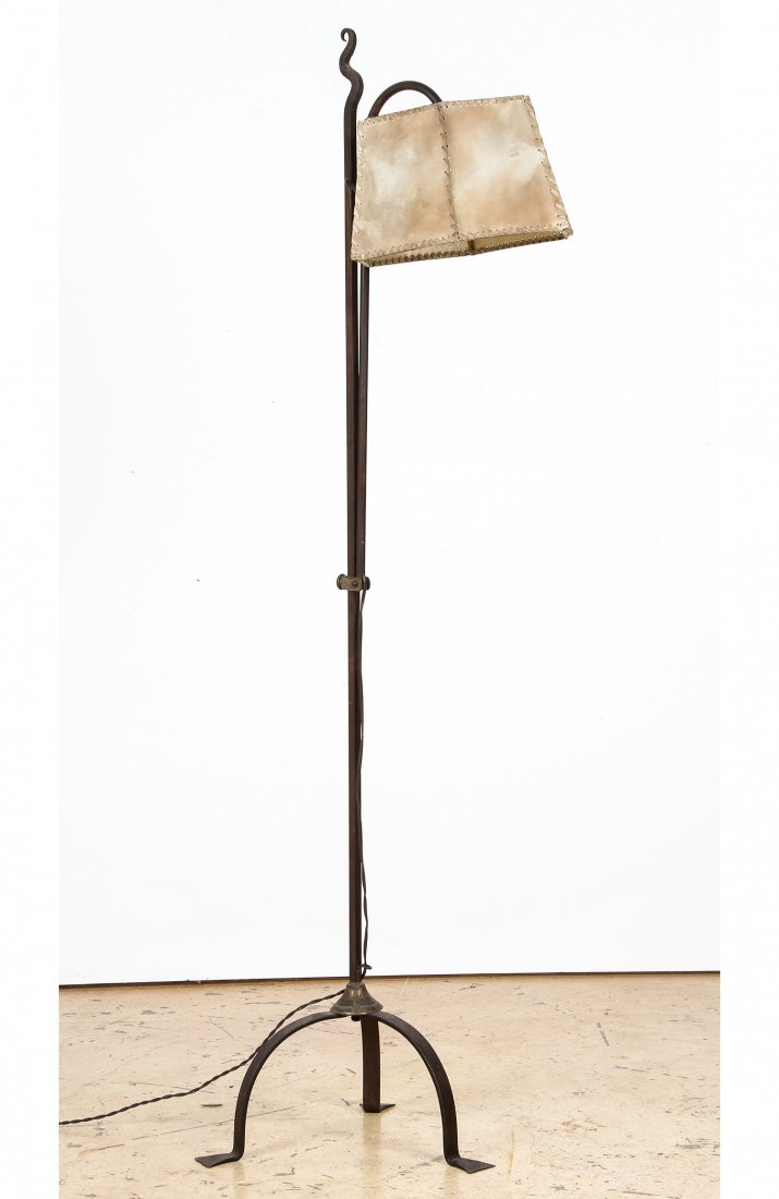 Samuel Yellin Style Wrought Iron Bridge Lamp: Samuel Yellin Style Wrought Iron Bridge Lamp. Size: 61" x 19" x 16.5" (155 x 48 x 42 cm). Provenance: DeHoogh Gallery, Philadelphia.
