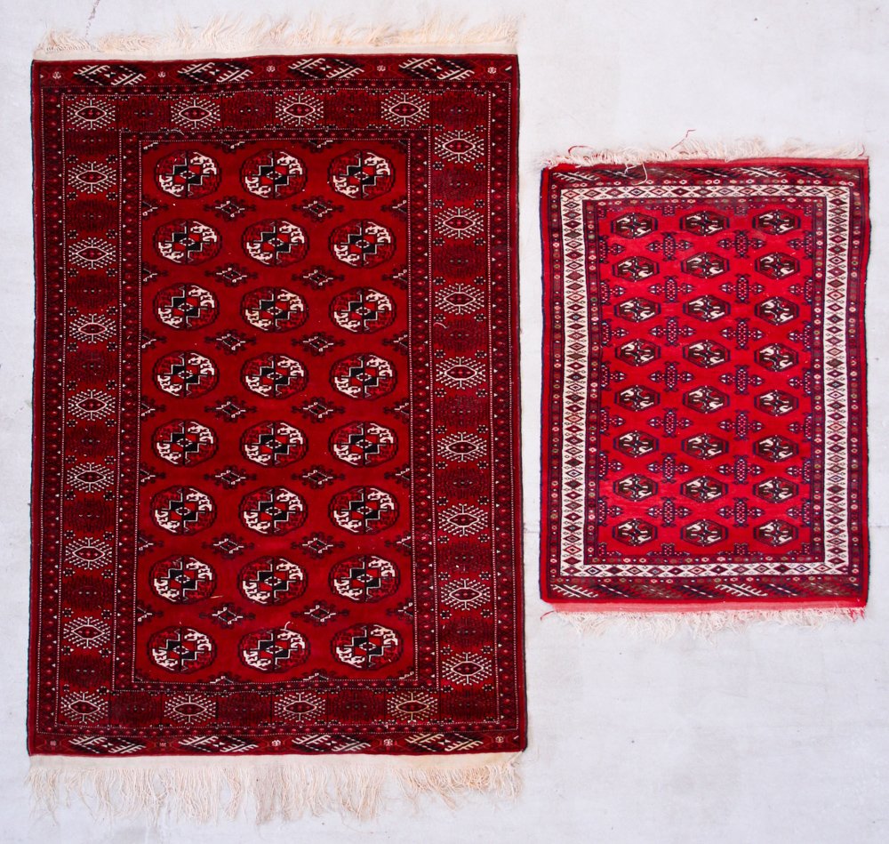 2 Turkoman Rugs: 4'5" x 6'5" and 3'1" x 4'1": 2 Turkoman Rugs, 20th c. Size: 4'5" x 6'5" (135 x196 cm) and 3'1" x 4'1" (94 x 124 cm). From the collection of a Philadelphia, PA gentleman.