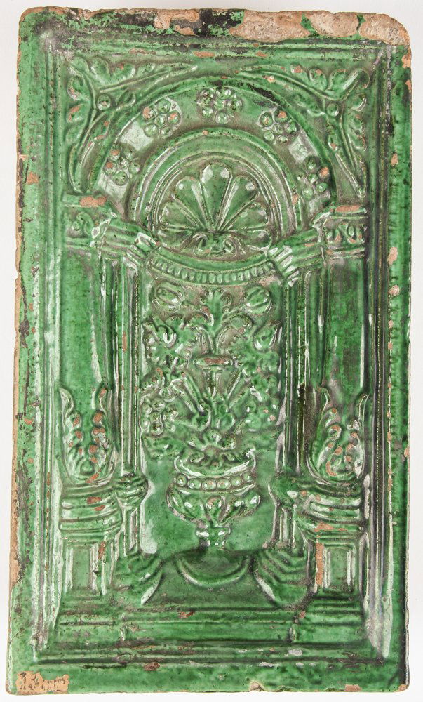 Antique Continental Glazed Terracotta Stove Tile: Antique Continental Glazed Terracotta Stove Tile. Size: 10.25" x 6" x 2" (26 x 15 x 5 cm). Provenance: DeHoogh Gallery, Philadelphia.