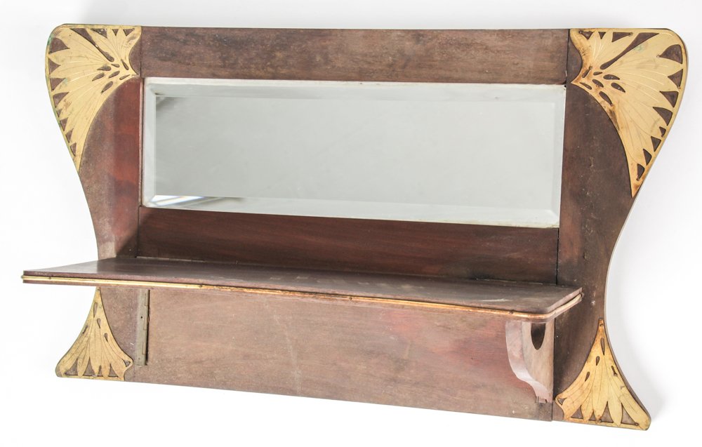 Bronze Mounted Art Nouveau Shaving Mirror: Bronze Mounted Art Nouveau Shaving Mirror. With folding shelf. Missing bracket. Size: 11.5" x 20.5" x 6.5" (29 x 52 x 17 cm). Provenance: DeHoogh Gallery, Philadelphia.