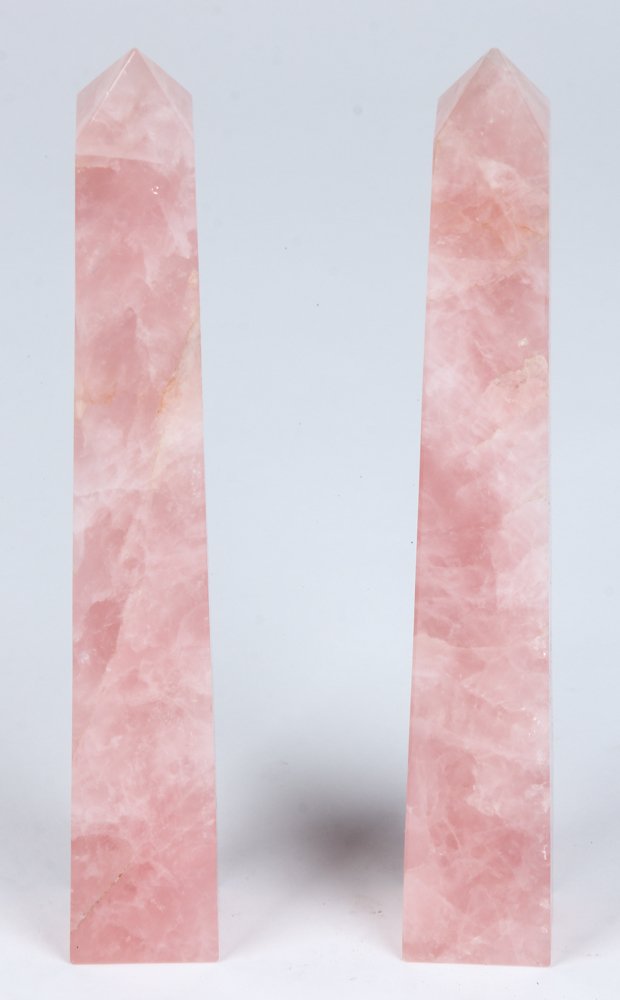 Pair Rose Quartz Obelisks: Pair Rose Quartz Obelisks. Each Size: 13" x 2" x 2" (33 x 5 x 5 cm).