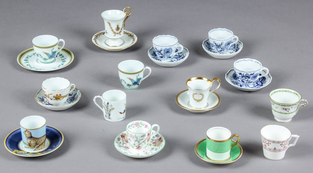 Group of Collectible Demitasse Cups And Saucers: Group of Collectible Demitasse Cups And Saucers, consisting of 10 matching sets and 4 cups (sans saucers). Including Gouseville Limoges, Royal Albert Crown China, Haddon Hall Minton, Hutschenreuther, 