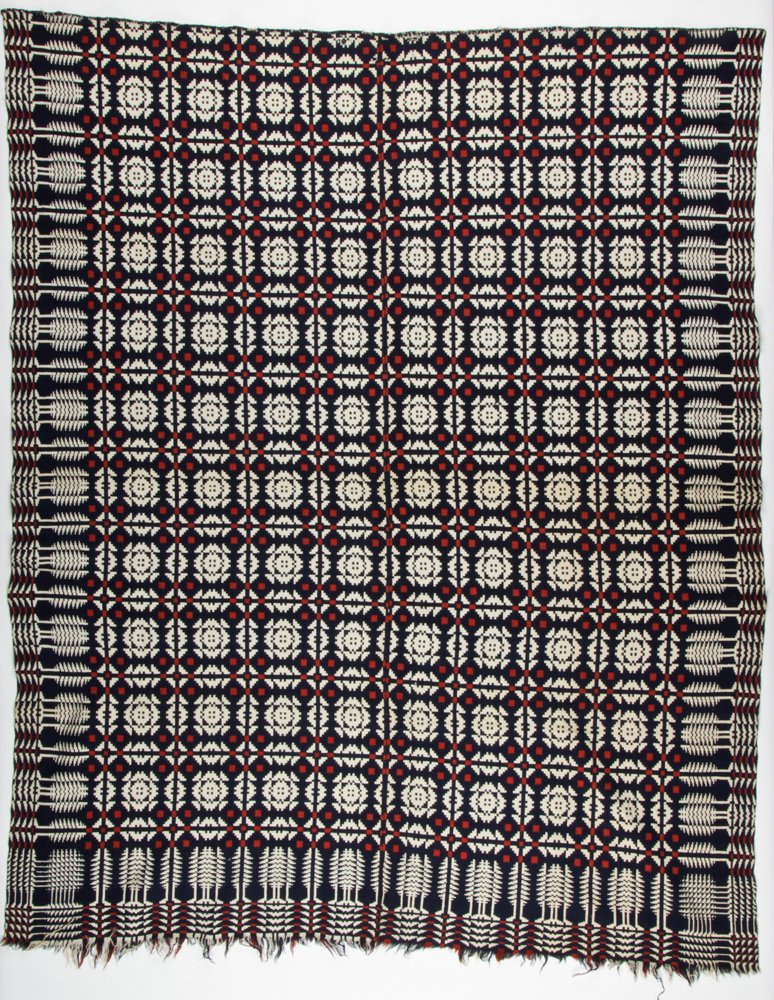 Antique American Overshot Coverlet: Antique American Overshot Coverlet. Size: 70" x 87" (178 x 221 cm). Prov: Cape May, NJ Estate.