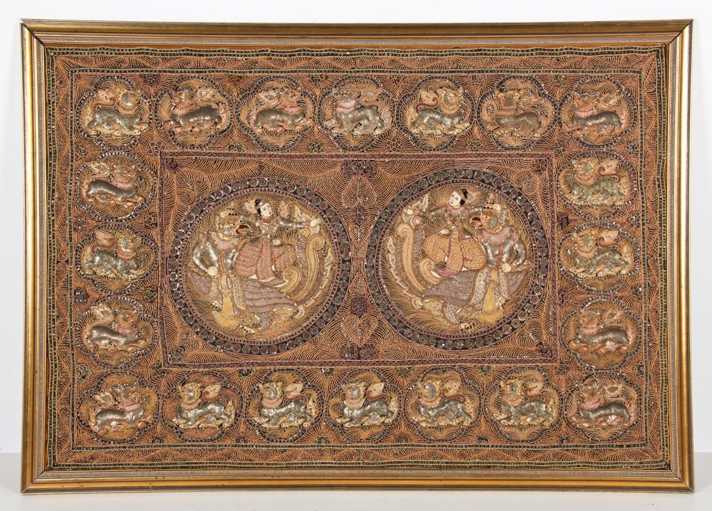 Large Kalaga Indonesian Embroidery: Large Kalaga Indonesian Embroidery, early 20th c. Size: 39.25" x 57.5", 100 x 146 cm (sight); 43" x 61", 109 x 155 cm (frame). From a Maryland Estate.
