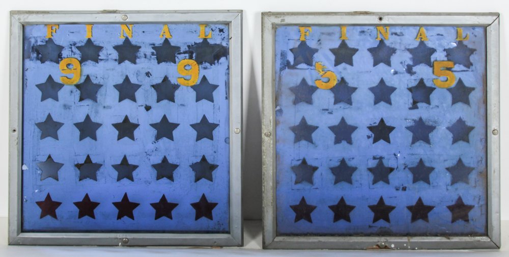 Pair of Glass Windows: Pair of Glass Windows, each featuring a star motif with text: "Final 99" and "Final 55". Unknown origin, reminiscent of artworks by Jasper Johns and Robert Indiana. Each Size: 18" x 18", 46 x 46 cm (f