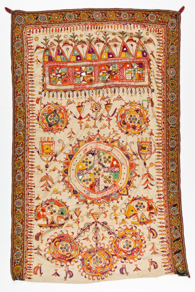 Old Indian Silk and Cotton Kutch Embroidery: Old Indian Silk and Cotton Kutch Embroidery. Size: 38" x 57" (97 x 145 cm). Prov: New York City Estate.