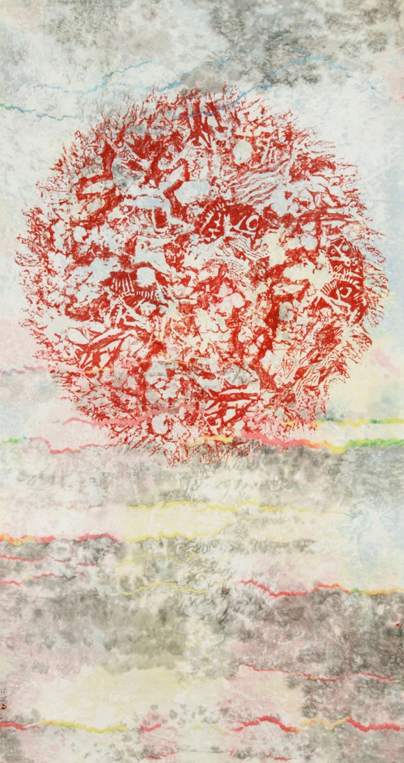 Qiu Deshu (Chinese, 20th c.) Painting: Qiu Deshu (Chinese, 20th c.) mixed media on paper. Size: 25" x 47", 63 x 119 cm (sheet). "Qiu Deshu’s experiment in ink painting began at the end of the 1970's. Inspired serendipitously by cracks in