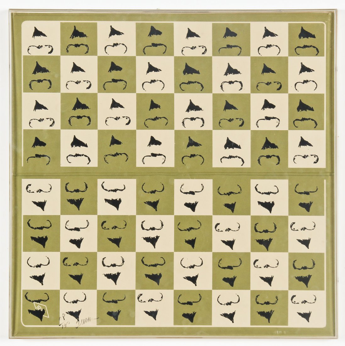 Arman (American/French, 1928-2005) Chessboard: Arman (American/French, 1928-2005) Chessboard, as an Homaage to Marcel Duchamp, c. 1973, with the L.H.O.O.Q. mustache silkscreened in each square, signed and numbered. Size: 16.75" x 16.75", 43 x 43 c